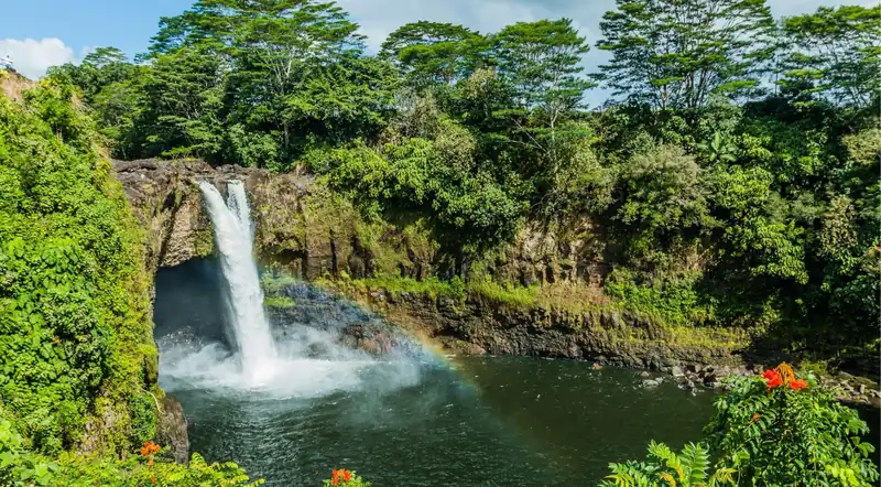 Rainbow Falls near Hilo on Hawaii's Big Island, with a rainbow in the spray below the waterfall
